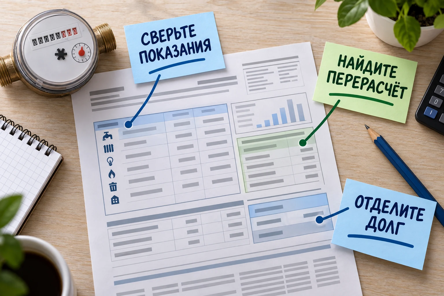Три действия с большой квитанцией: сверить показания, найти перерасчёт, отделить прежний долг