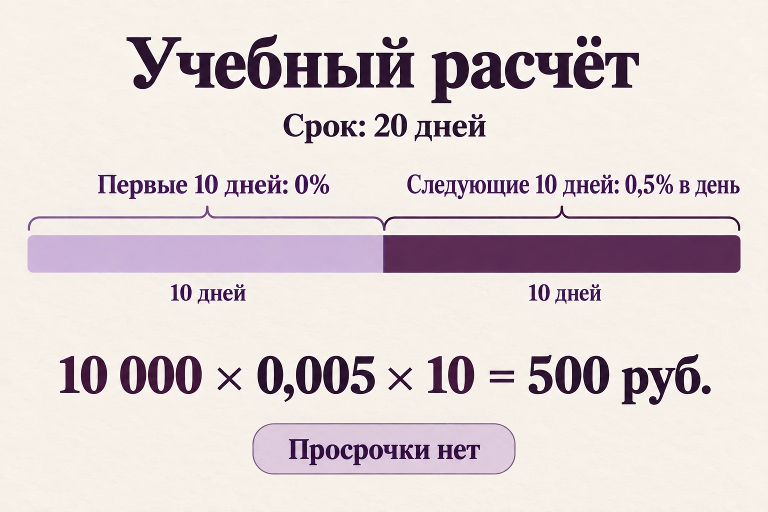 Учебный расчёт: первые десять дней без процентов, следующие десять по 0,5 процента в день дают 500 рублей