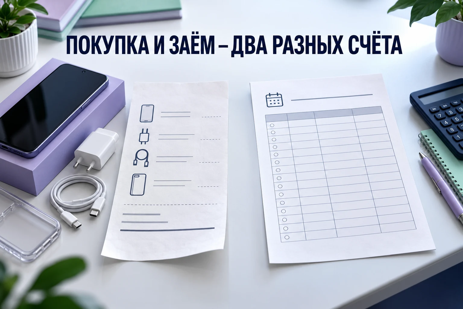 Два отдельных листа: чек на телефон и календарь платежей по займу
